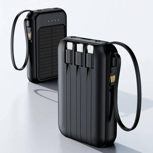Power Bank Solaire Compact avec Câbles Intégrés – Batterie Externe Portable