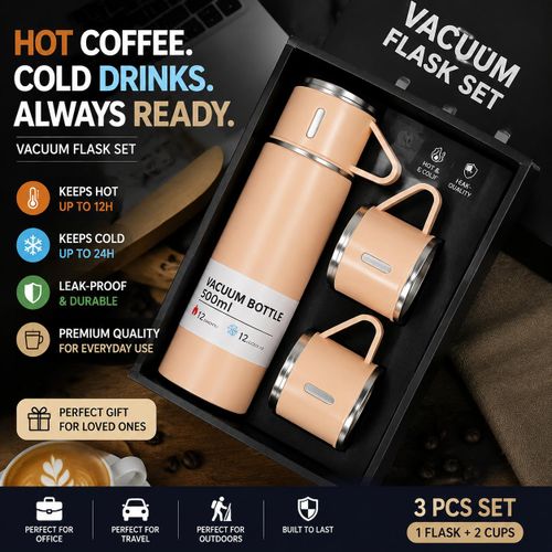 Ensemble cadeau gourde 500 ml avec 3 couvercles – Acier inoxydable premium – Étanche et isotherme, ensemble de voyage pour boissons chaudes et froides – Rose