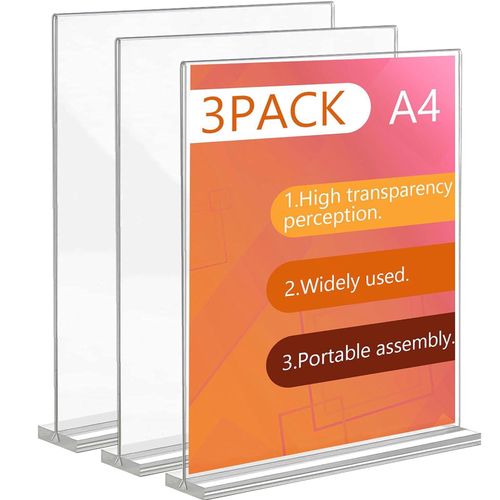 Porte Affiche A4 en Acrylique, 3 Pièces Presentoir de Table, Transparent Porte Menu, Stands de Présentation en Forme de T