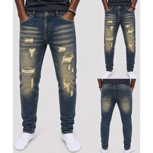 Pantalon Jean Slim Homme Bleu Vintage - Effet Déchiré