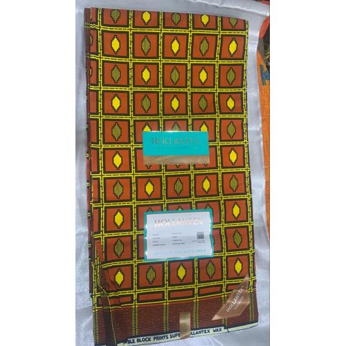 Pagne Wax Hollantex Authentique - Motif Géométrique "Losanges Royaux" - Marron Cuivré, Jaune & Noir - 6 Yards