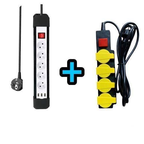 Multiprise Rallonge 5 Prise + 3 Port USB Et Rallonge 4 Prises Étanche Avec Protection