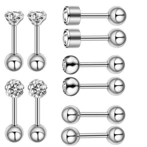 Lot de 10 boucles d'oreilles à clous en argent, forme sphérique, cartilage, en acier inoxydable et cristal. Kit de perçage pour piercing oreille (nez, lèvre, langue).