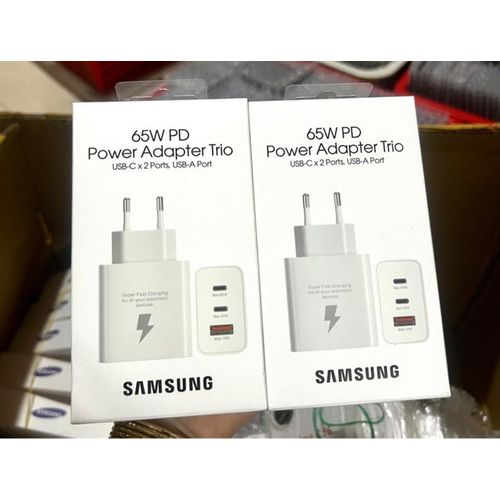Chargeur Samsung Power Adapter Trio 65W PD - Charge Rapide - 3 Ports (2x USB-C, 1x USB-A), 65W pour A15, A16, A55, A25, S23, S24, S25, compatible avec les modèles Galaxy S25, S24, S23, S22, S21, S20, Ultra, Plus, FE, Note 20/10, Z Fold, Z Flip