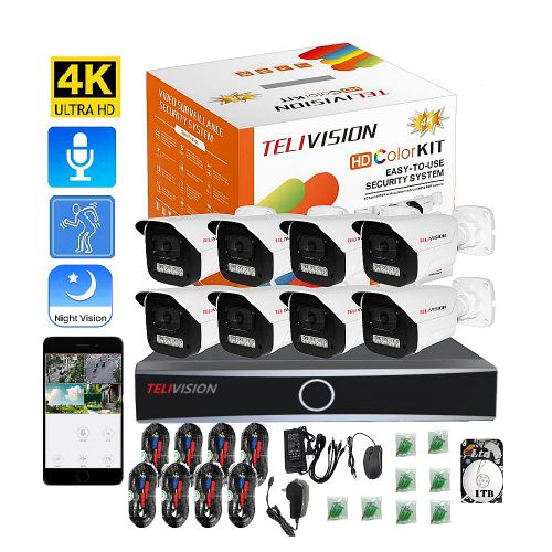 Kit de Vidéosurveillance Filaire 8 Caméras Couleur Audio 4K, Télécommande Téléphonique