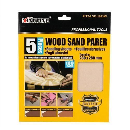 Lot de 5 Feuilles de Papier de Verre KINGONE - Grain Fin 180 - Taille 230x280mm - Qualité Professionnelle pour Bois et Finitions - Réf 100389