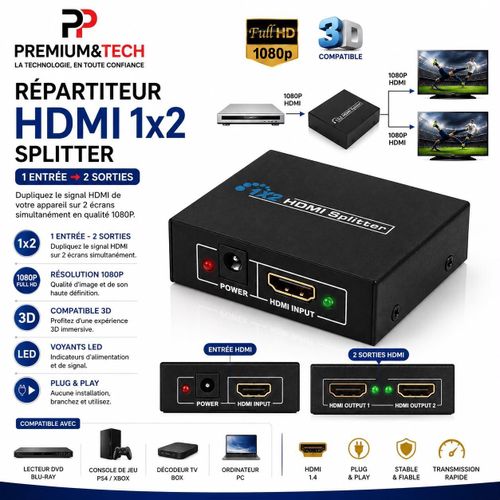 Répartiteur Réplicateur HDMI Splitter 1x2 – Full HD 1080p & 3D Compatible – 1 Entrée vers 2 Sorties