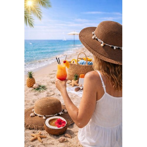 Chapeau de Plage Femme en Paille avec Coquillages