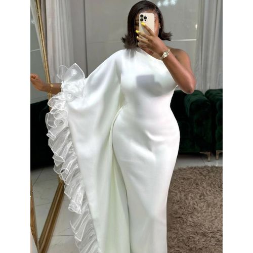 Longue Robe De Soirée Blanche Avec Manche Longue à Epaule Drapée -Elégante