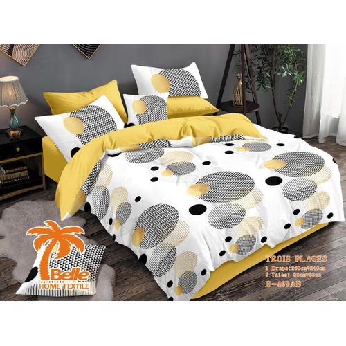 Lot de 2 Draps et 2 Taies - Confort et Élégance pour Lit 3 Places-BLANC a motif noir-doré