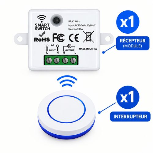 Interrupteur à distance sans fil RF universel 433Mhz 10A Max. Pile CR2032 pour l'alimentation des systèmes d'éclairage domestique et des systèmes d'éclairage domestique