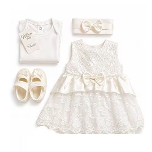 Coffret baptême fillette – Naissance - Blanc avec noeuds (Robe, barboteuse, chaussures & barrette) - Blanc