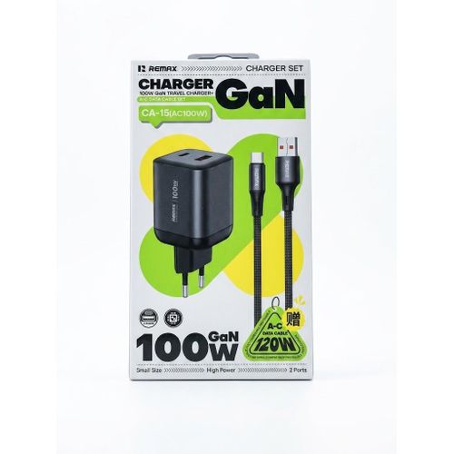 Casque Remax CA-15 (AC100W) – Chargeur de voyage GaN 100W avec câble USB-A vers USB-C (120W)