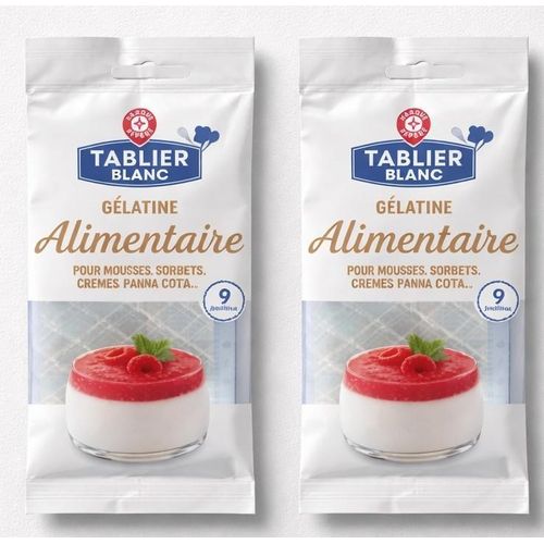 Tablier Blanc, gélatine alimentaire en feuilles, lot de 2 paquets de 9 feuilles ( soit 18 feuilles)Pour pâtisserieMultiples usagesParfaite pour réussir vos panna cottas, crèmes, entremets, bavarois.