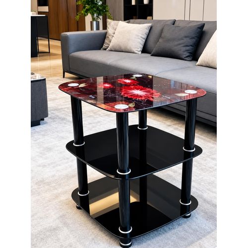 Table Basse Carrée À 3 Niveaux - En Verre Trempé Motif Fleurs Rouges - Noir