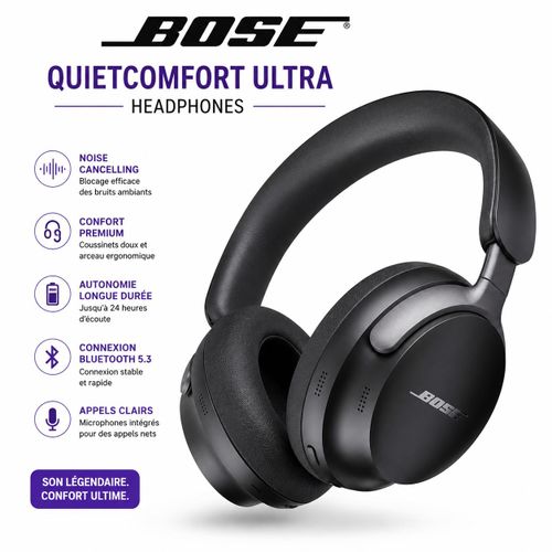 Bose QuietComfort Ultra Headphones – Casque Sans Fil Bluetooth Avec Réduction De Bruit Active, Microphone Intégré, Autonomie Longue Durée – Noir