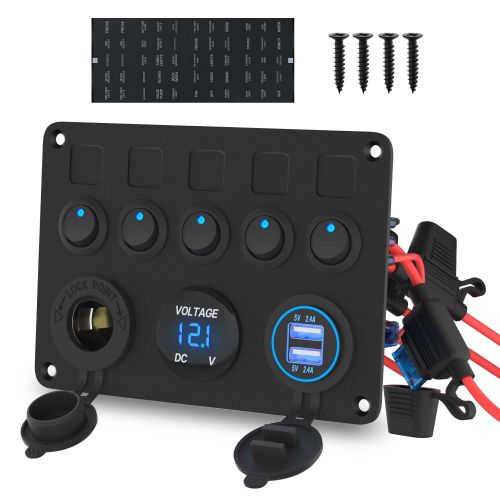 Panneau de modification pour camping-car, voiture et bateau à moteur : Interrupteur 5 positions, voltmètre et deux ports USB 4,8 A - Affichage de la tension à 5 chiffres, style interrupteur à bascule œil de chat , avec porte-fusible intégré.