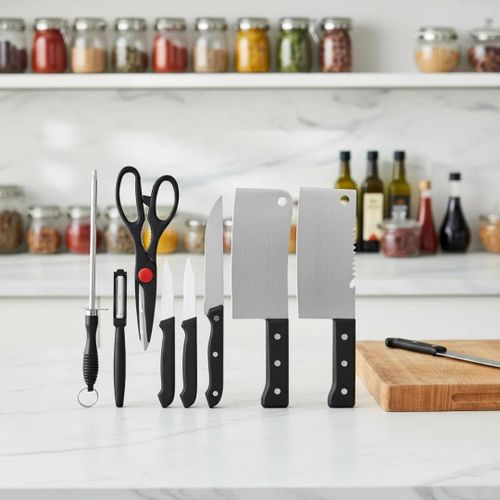 Set de Couteaux de Cuisine Professionnel 8 Pièces – Acier Inoxydable Haute Qualité – Comprend Couperets, Ciseaux et Aiguiseur