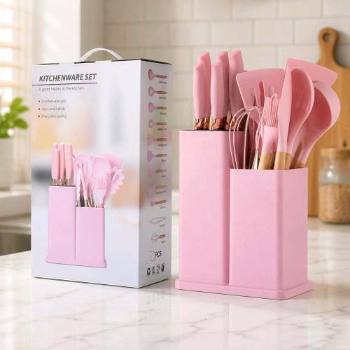 Kit de Cuisine Complet : 19 Ustensiles en Silicone Rose et Couteaux Professionnels