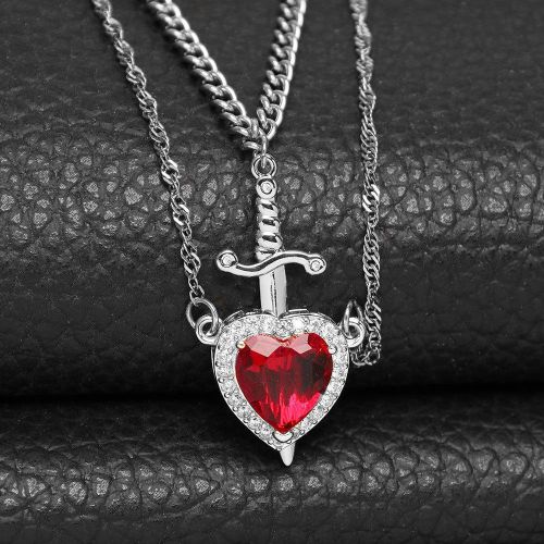 Lot de 2 Colliers Couple Argenté - Pendentifs Assortis Gemme Rouge Cœur & Épée pour Amoureux