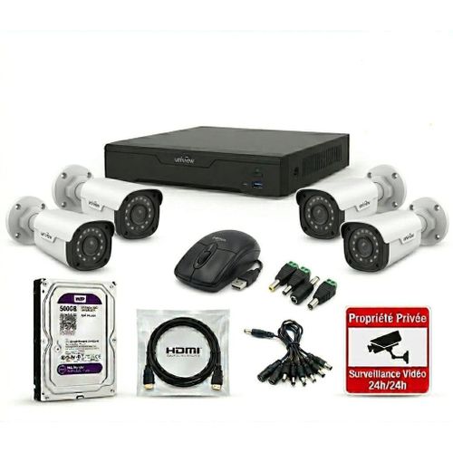 Kit de Vidéosurveillance Complet - 4 Caméras Extérieures Bullet 2MP Full HD + DVR + Disque Dur 500Go (Prêt-à-Installer)