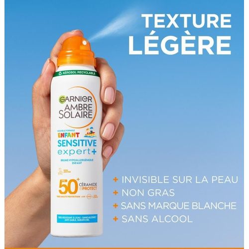 Garnier Ambre Solaire. Brume solaire Enfant Corps Spf 50+ Hypoallergénique Sensitive Expert+ en Spray. 150 ml Importé de France