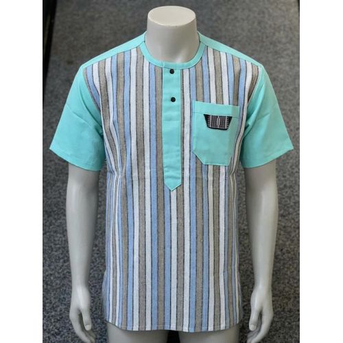 Chemise Homme à Manches Courtes Rayée Avec Poche- Bleu Turquoise.