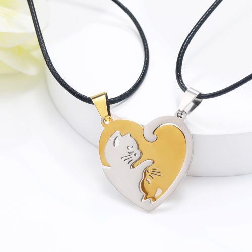 Lot de 2 Colliers Couple Chat Or & Argent Cœur