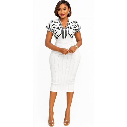 Robe Midi Blanche Ajustée à Motifs Géométriques
