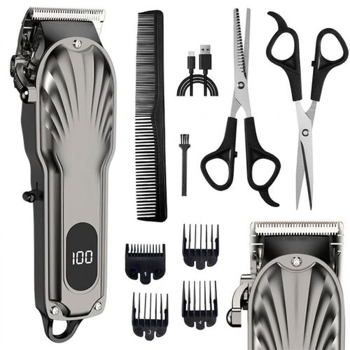 Kit Tondeuse Professionnelle Gris Métal avec Levier d'Ajustement - Écran LED USB - Ciseaux, Peigne & Sabots