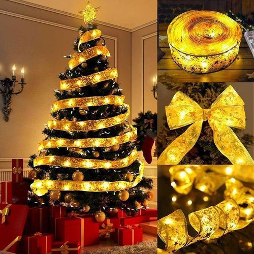 Guirlande lumineuse LED 2m 20LEDs à piles bouton pour décoration sapin de Noël avec ruban doré (Or-Blanc chaud)