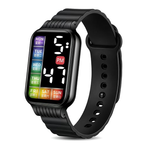 Montre Numérique Carrée LED pour Étudiants - Sport, Alarme, Calendrier, Montre-Bracelet pour Garçons et Filles - Noir