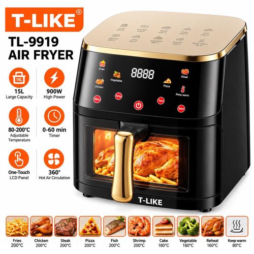 Friteuse à Air Chaud Sans Huile T-LIKE TL-9919 – 15L, 900W, Écran LCD Tactile, Température Réglable 80-200°C, Minuteur 60 Min, Noir et Doré