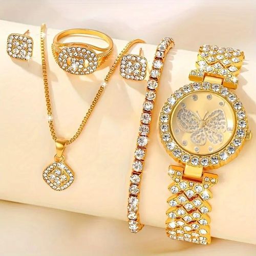 Set de 5 Bijoux Femme en Or avec Papillon Incrusté de Cristaux - Montre Quartz + Collier + Boucles d'Oreilles + Bracelet + Bague - Cadeau Luxe