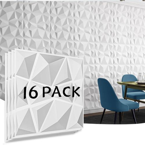 16 Panneaux muraux décoratifs 3D en design diamant, Panneaux muraux PVC 3D diamant, Panneaux muraux texturés 3D, pour décoration murale intérieure blanc mat (Blanc-30 * 30 cm)