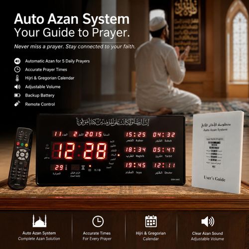 Horloge Azan Numérique Automatique AZ4008 – Réveil Islamique LED avec Rappel des 5 Prières, Date et Température