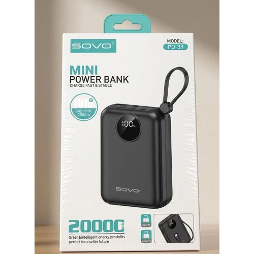 SOVO PD-39 – Mini Power Bank 20 000 mAh – Batterie Externe Ultra-Compacte avec Écran LED & Dragonne – Noir