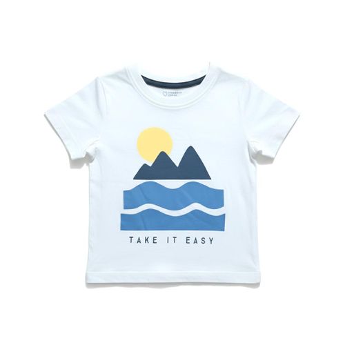 T-shirt Enfant Horizon Paisible – Blanc Pur avec Graphique Montagne et Mer - 24-36 Mois