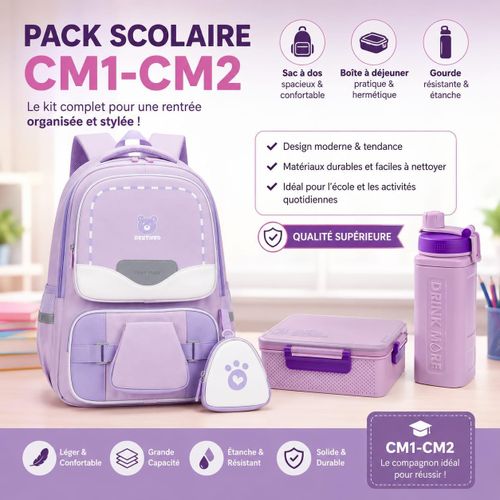 Pack Scolaire Complet CM1-CM2 (Sac à dos, Boîte à déjeuner et Gourde)