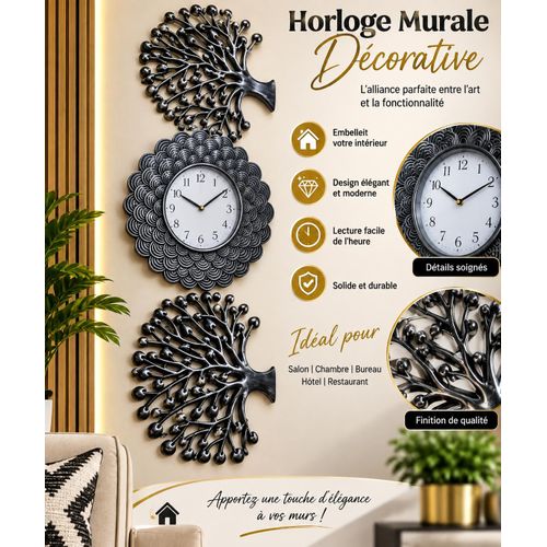 Horloge Murale Décorative en Métal – Design Arbre de Vie Noir – Élégante et Moderne