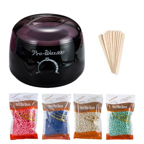 Kit d'épilation 6 en 1, comprenant 4 paquets de cire dure en perles et des bâtonnets de cire. Épilation à domicile indolore, idéale pour le corps entier, le visage, les sourcils, les aisselles, les jambes et le maillot. Unisexe (noir).