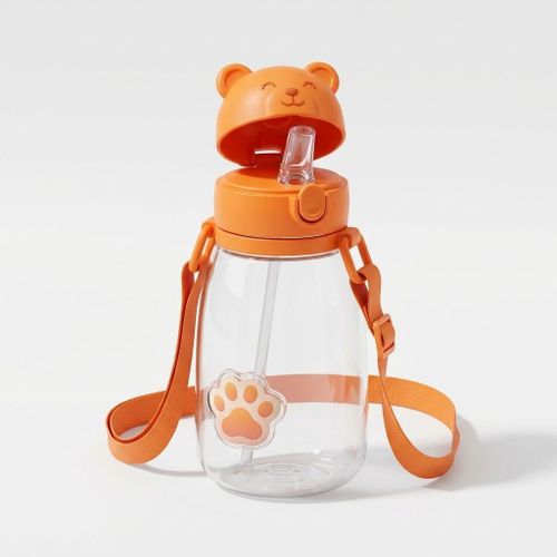 Gourde Mignonne pour Enfant avec Paille & Sangle Réglable – Orange Kawaii, Anti-Fuite & Sans BPA – Ideal École / Sorties
