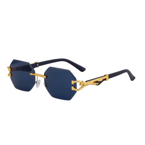 Lunettes de Soleil Octogonales Luxe - Design Sans Monture (Rimless) - Branches Panthère Dorées - Verres Bleus Haute Qualité - Style Prestigieux