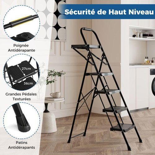 Escabeau 5 Marches Pliable avec Verrouillage de Sécurité, Main Courante, Pédales Larges Antidérapantes, Marchepied Robuste pour la Maison, le Garage, le Cuisine