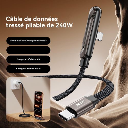 Câble Type C 240W Tressé Alliage de Zinc – Câble de Charge Rapide USB-C vers USB-C, Connecteur Coudé avec Support,Câble Type C 240W Tressé – Charge Rapide USB-C vers USB-C, Alliage de Zinc