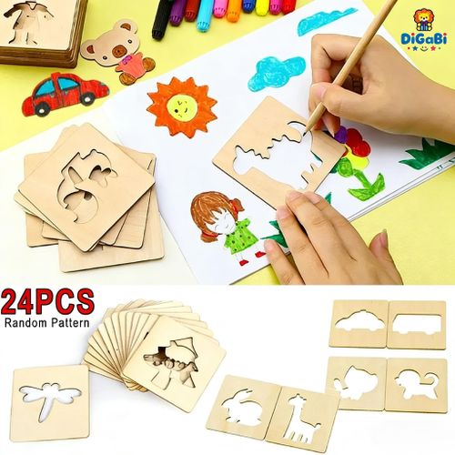 24pcs Montessori Kids Toys Drawing Toys Wooden DIY Painting Template Stencils Learning Educational Toys for Children Gift