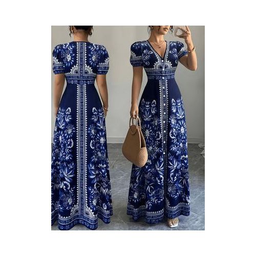 Robe longue style porcelaine bleu rétro. Respirant et respectueux de la peau. Élégant et généreux, créant sans effort une atmosphère.