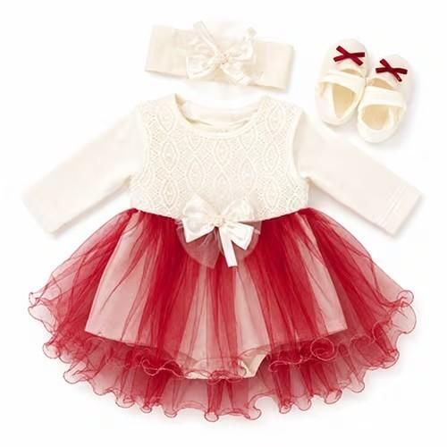 Coffret baptême fillette – En blanc avec rouge (Robe, barboteuse, chaussures & barrette) - Blanc/Rouge