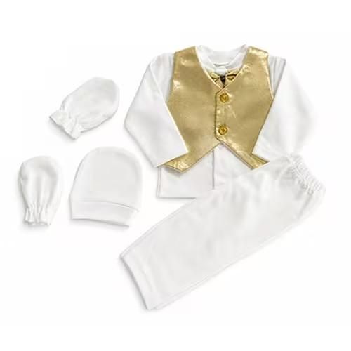 Coffret baptême garçon – Nœud élégant (Gilet, pantalon, bonnet, gants & chaussures) - Blanc/Or