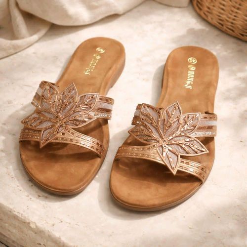 Mules marron brillantes à motif fleurs